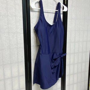 Pre-Order U Neck Adjustable Straps Knotted Skirt Patchwork One Piece Swimsuit
